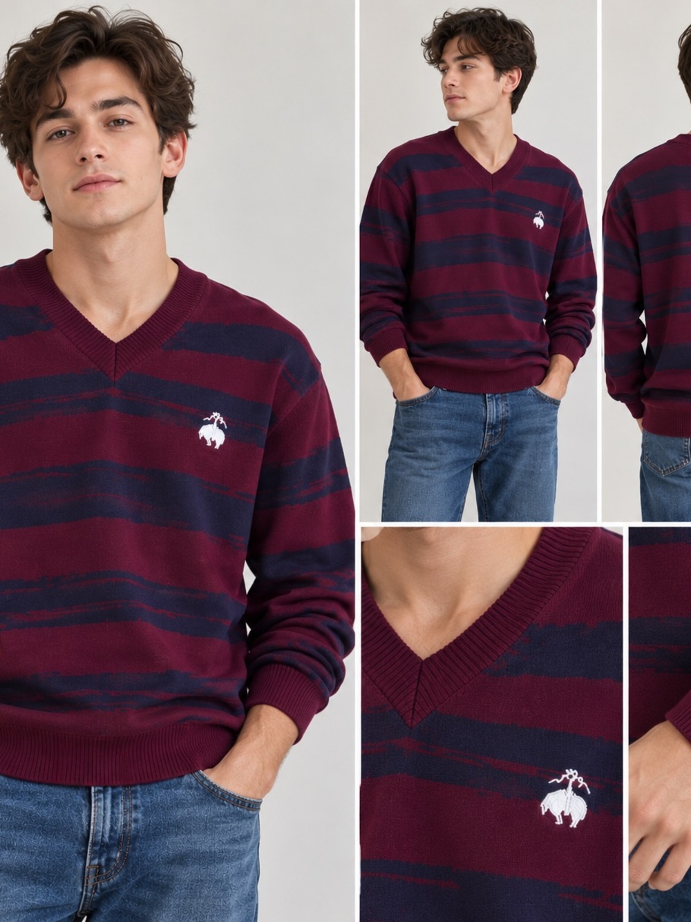 Brooks Brothers Burgundy and Navy Striped V-Neck Sweater